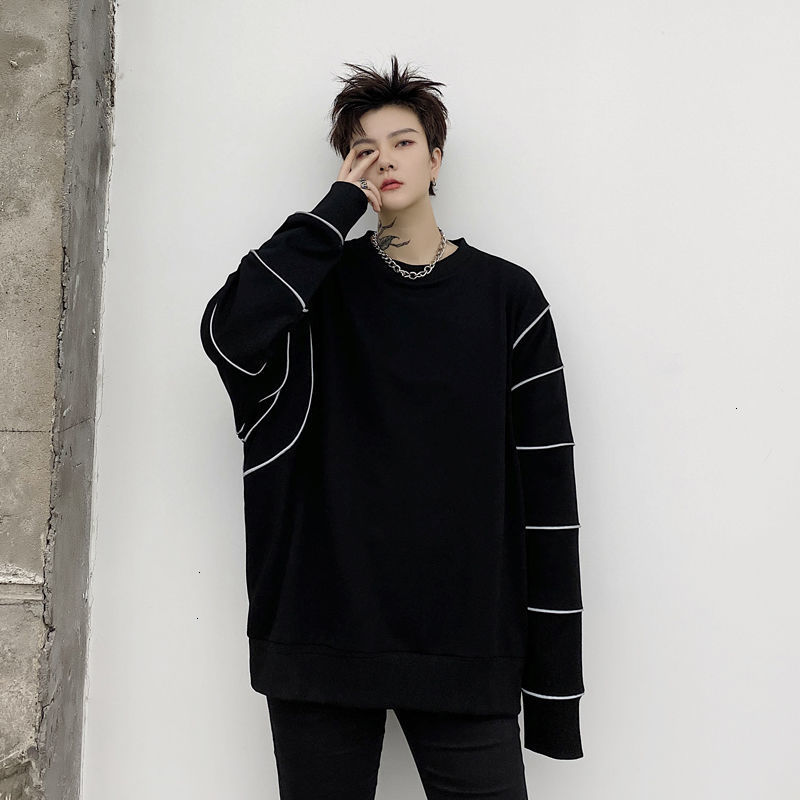

New 2021 Spring Solid Splicing Reflective Strip Loose Men's Long Sleeve Sweater Two Color Kk1594 / P95 Sp8w, Gray
