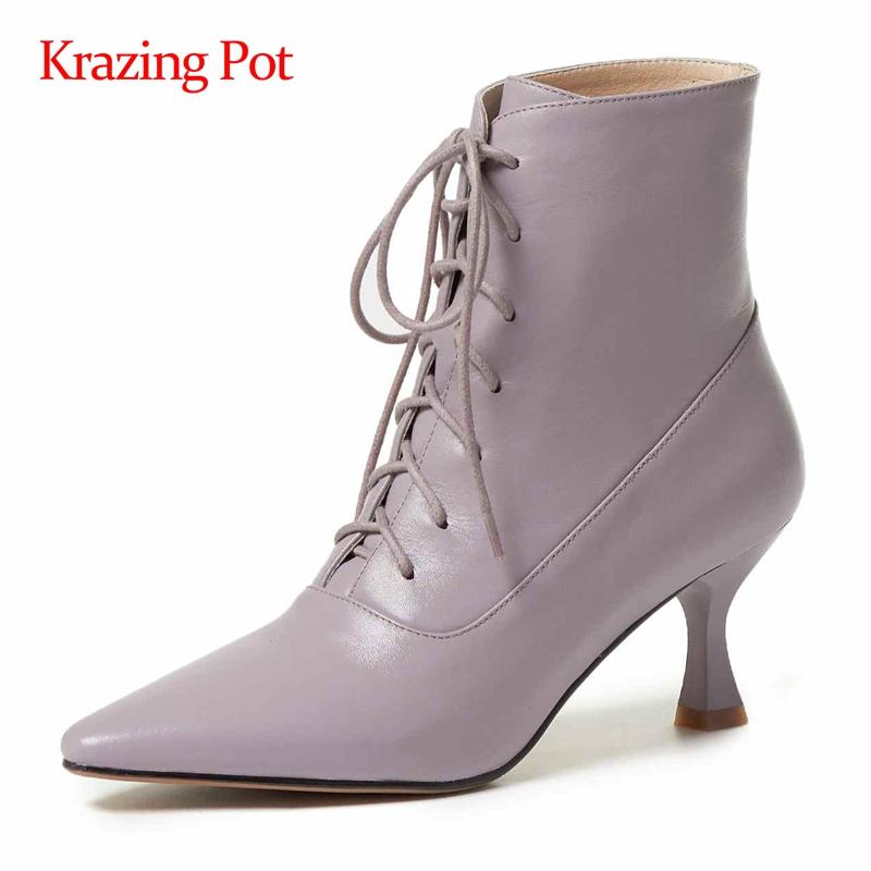 

Krazing pot work boots genuine leather high street fashion small square toe high heel lace up elegant lady dress ankle boots L68, Beige