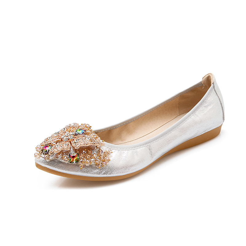 

Women Flats Soft Ballet Sole Luxury Foldable Rhinestone Ladies Big Size 43 44 45 Loafers Spring Autumn Shoes Woman WSH2470, 618-4 silver