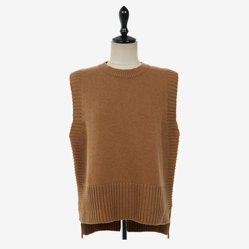 

Women's Knitted O-Neck Sleeveless Vest Solid Wool Split Sweater Women Spring Autumn Fashion Casual Loose Sweaters Waistcoat 201203, Navy blue