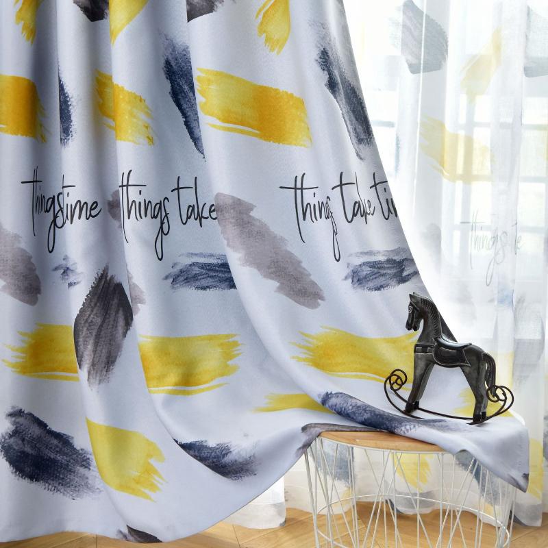 

Yellow Grey Leaf Painting Blackout Curtains For Livingroom Modern Simple English Letter Balcony Window Cortinas JS263C, Tulle 02