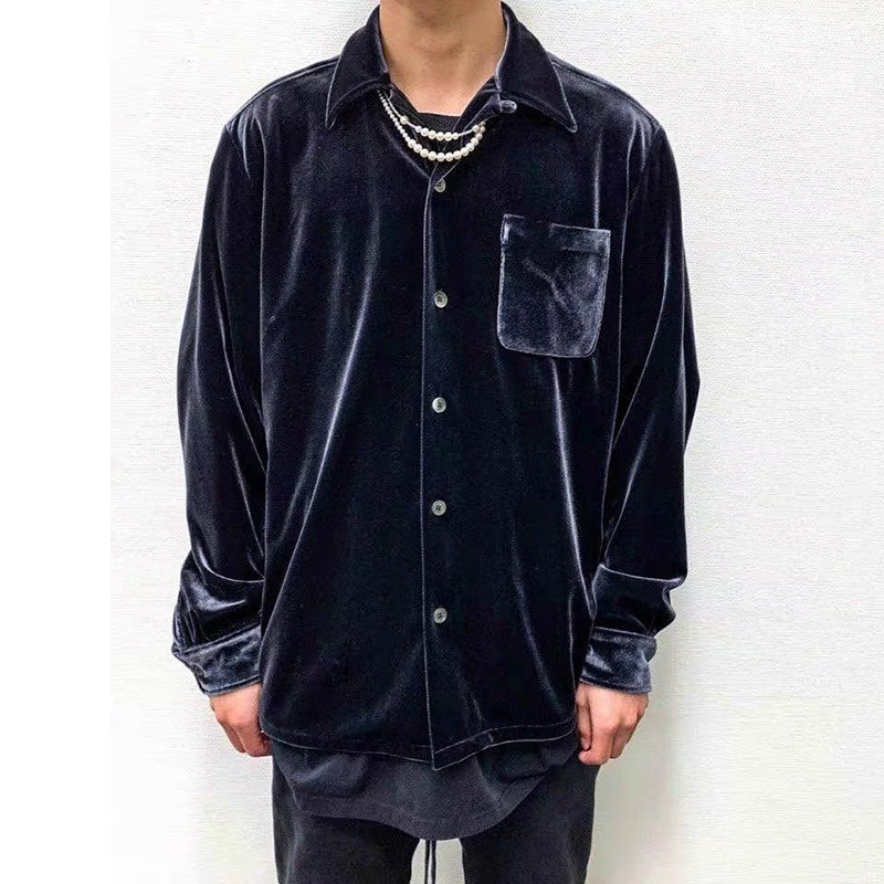 

2021 New High Street Lapel Solid Casual Fleece Shirts Mens Spring Pockets Loose Oversize Shirt Harajuku Hip Hop Baggy Tops Uxcr, Navy blue