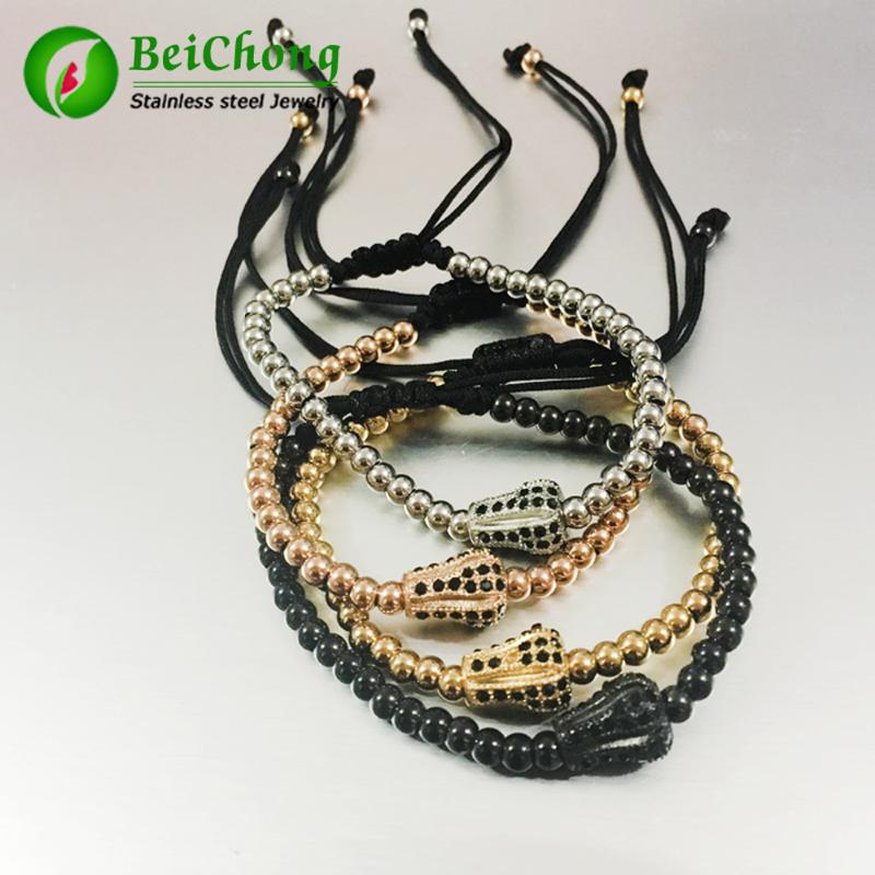 

10pcs 24K Gold Beads & Micro Pave Black CZ Crown Briading Macrame Bracelet Pulseira Feminina Anil Arjandas Men Bangle