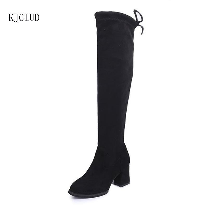 

2020 autumn and winter women new warm plus velvet over the knee boots high boots elastic high heel stovepipe women's, Black
