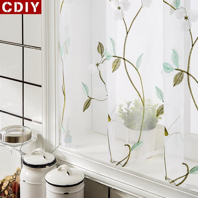 

CDIY Embroidered Short Sheer Curtains for Kitchen Half Window Curtain Floral kitchen Sheer Drapes Living Room Window Treatments1, White