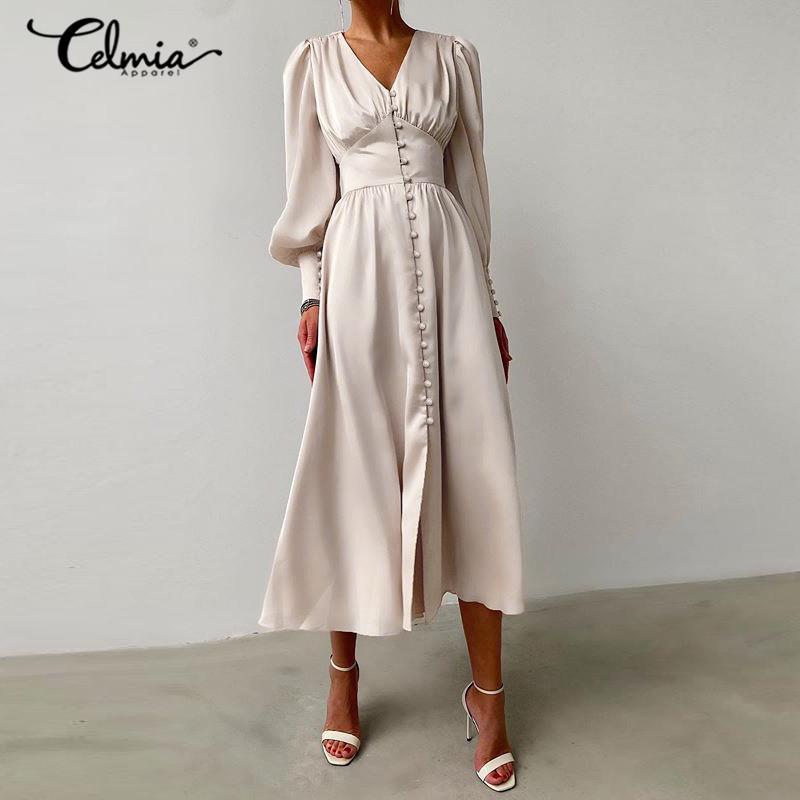 

Women Elegant Satin Dress Celmia Single Breasted Sexy V Neck Midi Sundress Fashion Lantern Sleeve Party Clud High Waist Dress 7, Beige