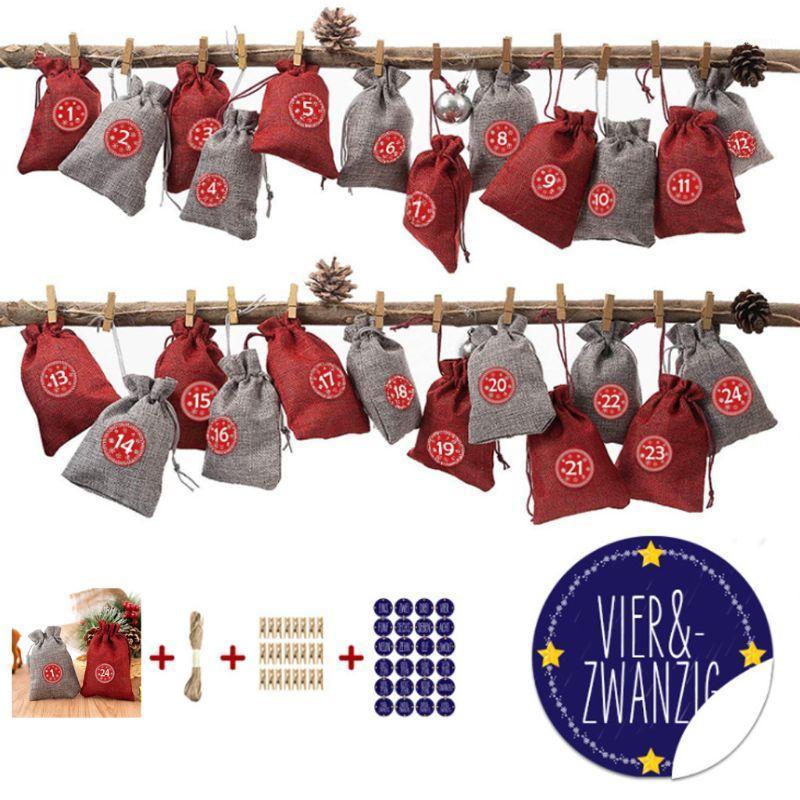 

24Pcs Advent Christmas Calendar Filling Candy Bag Stickers Clips Drawstring Rope Personalized Gift Bags Wedding Gifts for Guests1