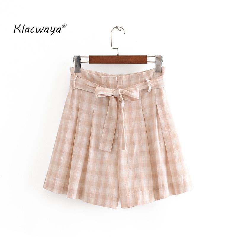 

Klacwaya Plaid Shorts Shirts 2021 Summer Fashion Ladies Sashes Draped Loose Shorts Skirt Chic Girls England Style, Pink