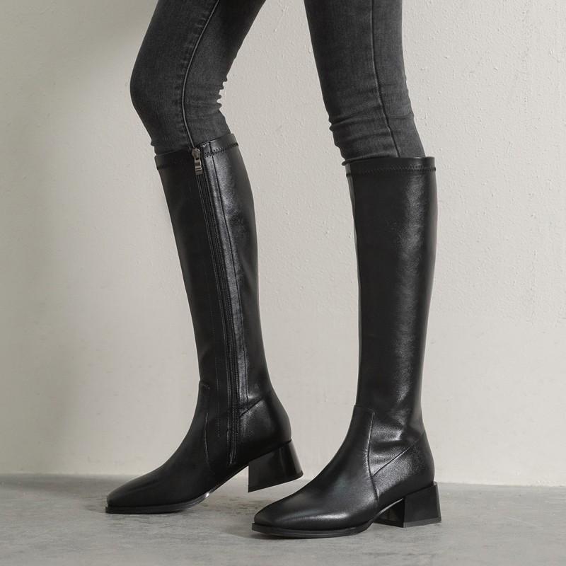 

Knight boots winter boots women knee high long 2020 trend genuine leather square toe side zipper brown shoes woman size 40, Black