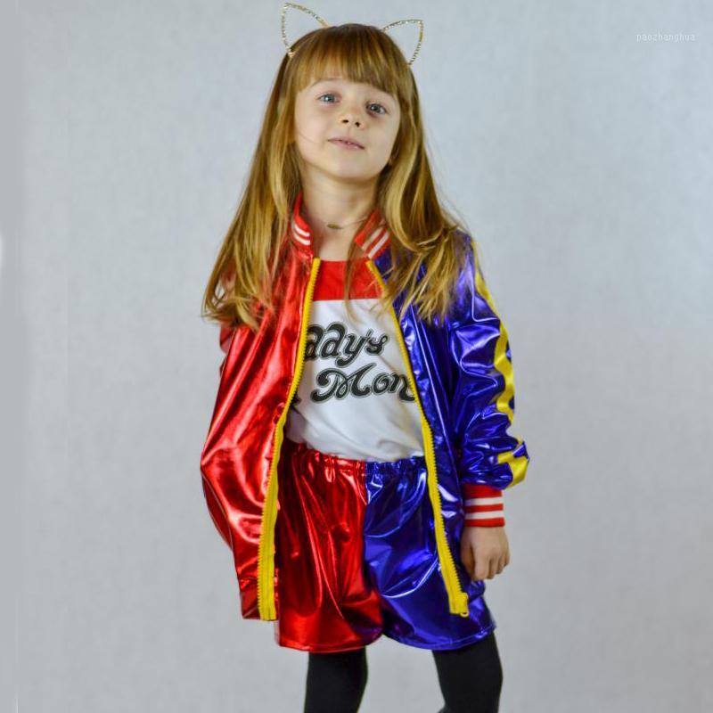

kids quinn cosplay Costume girl Suicide Squad Quinn embroidery Sets jacket Joker shorts Monster Clown Dress1, One glove