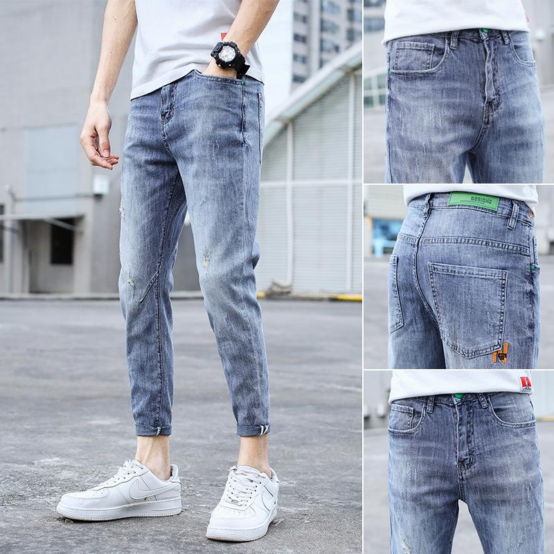 

Spring and autumn 2021 streetwear ankle length jeans male brand youth wild ripped hole casual light-colored foot pants male, Blue