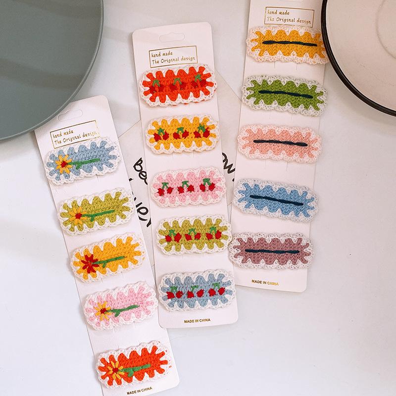 

5 Pcs New Simple Cute Colorful Knitted Wool Embroidery Cherry Flowers BB Clip Fashion Sweet Girl Children Barrettes Headwear