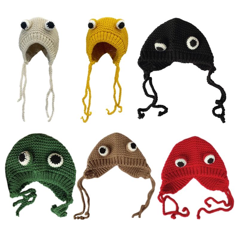 

Beanie/Skull Caps Women Winter Cable Knit Warm Earflap Hat Cartoon Frog Eyes Windproof Beanie Cap 10.20, Black