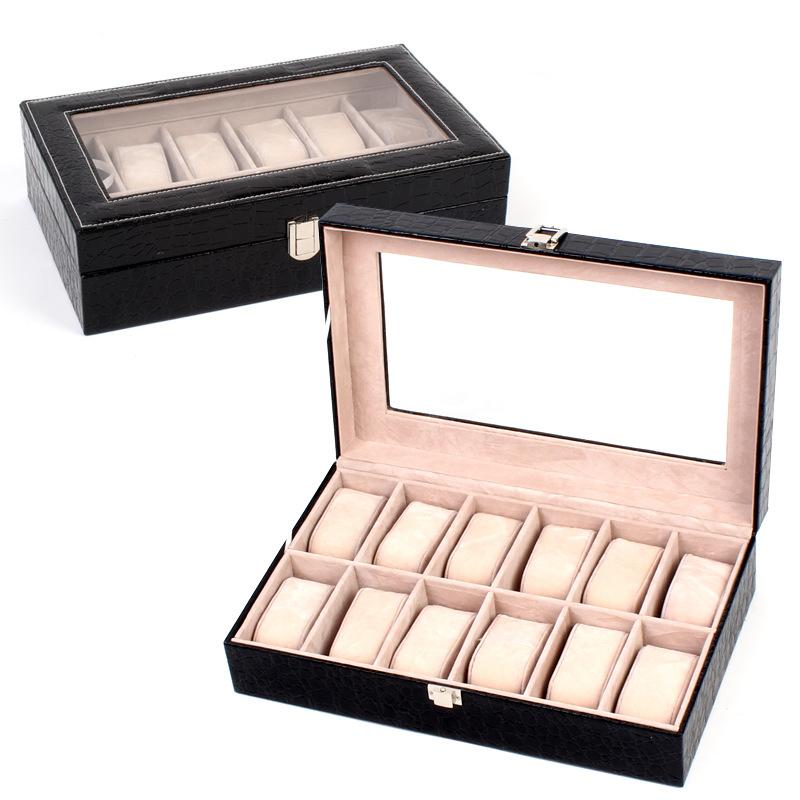 

12 Girds Watches Storage Box Transparent Lid PU Leather Display Holder Large Capacity Jewelry Collection Case Best Gift