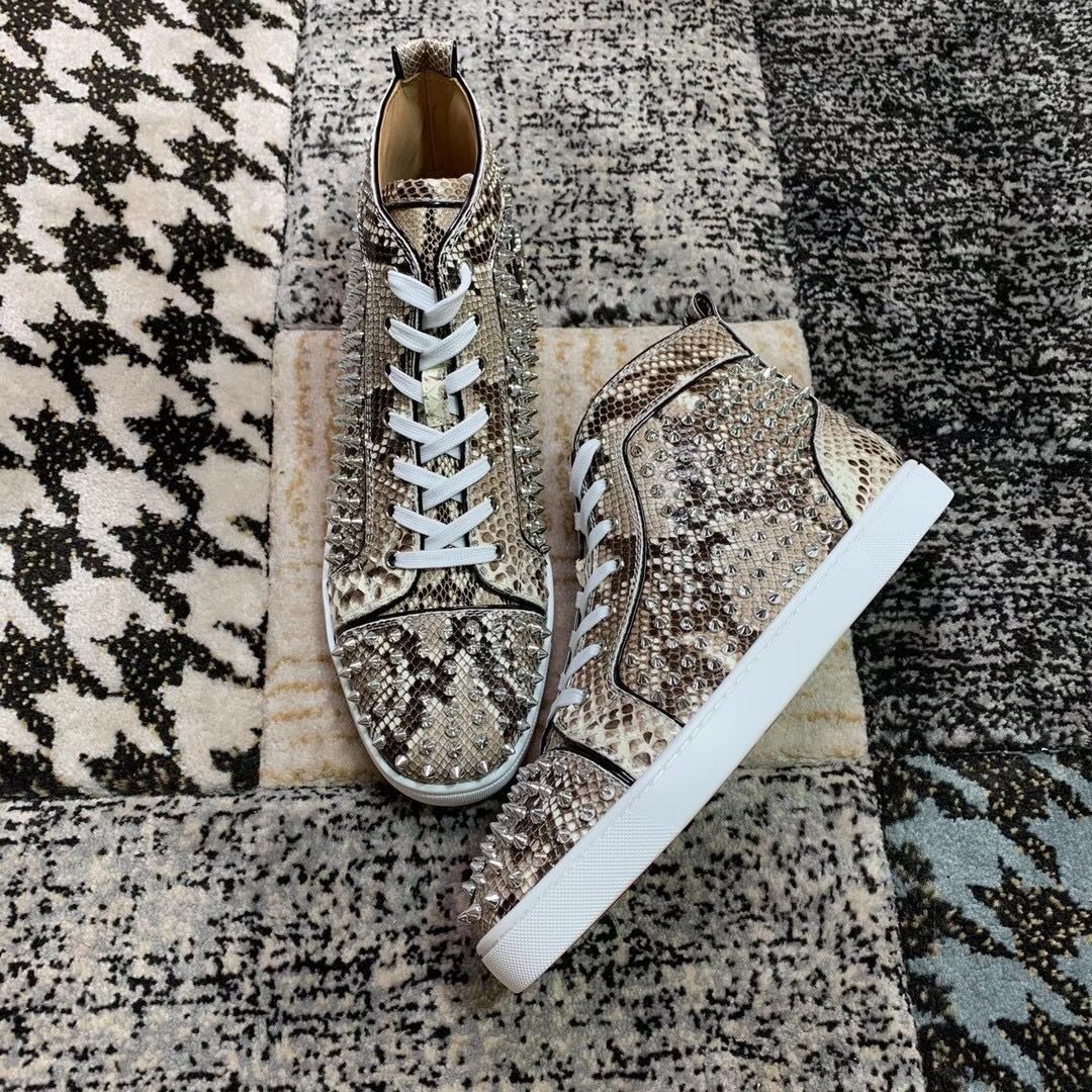 

Popular Python Leather High Top Sneakers Shoes Women,Men Red Bottom Spikes Casual Walking Lace-up Perfect Luxury Leisure Flats EU35-47, Originalbox