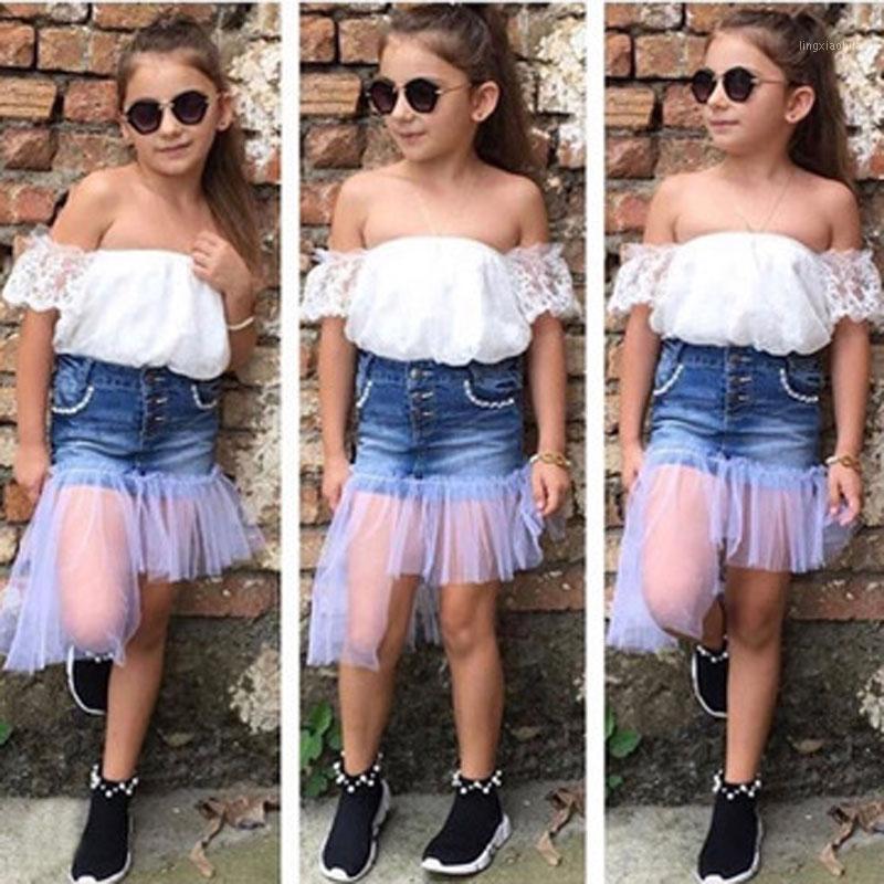 

Summer Children Girls Clothes Suit Top Toddler Girl Clothes Kit White Off-The-Shoulder Tshirt+Denim Skirt 2 Piece Kids Clothing1, As picture