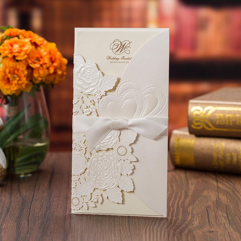 

50pcs Laser Cut White Navy Blue Wedding Invitations Cards with Bronzing Heart Flowers for Engagement Bridal Shower,Customizable