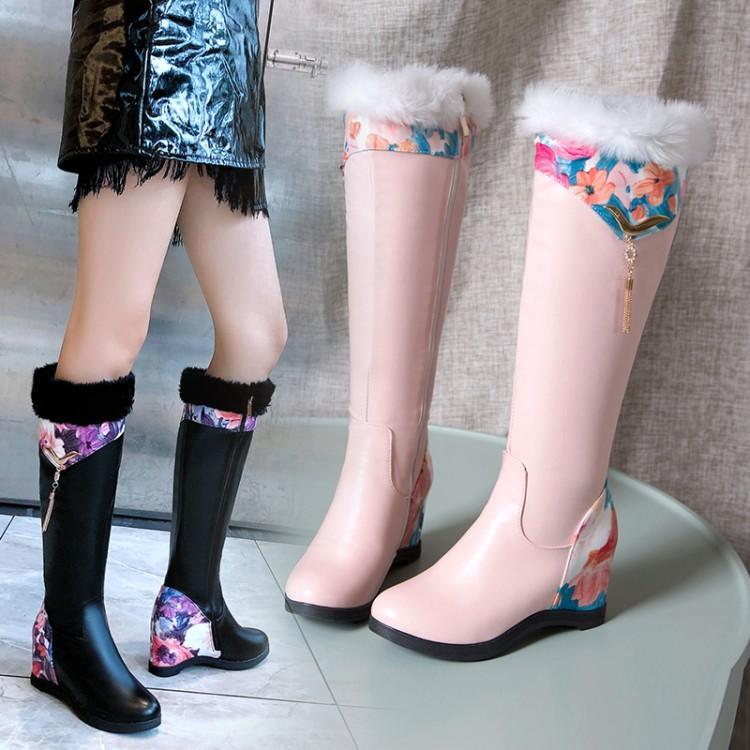 

Women's Floral Pattern Fur Decoration Knee High Boots Print Mixed Color High Heels Shoes, Black