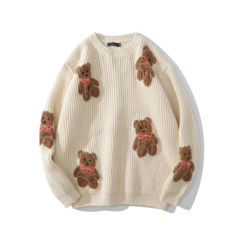 

Dropshipping Embroidery Bears Knitted Jumper Sweaters Unisex Streetwear Hip Hop Mens Harajuku Casual Knitwear Sweater Tops Male, Black