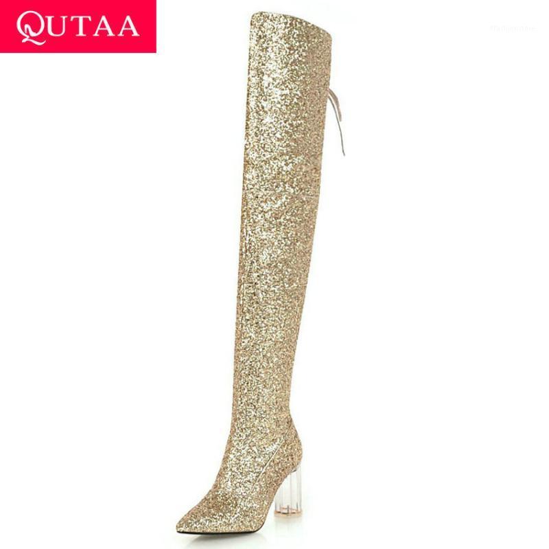

QUTAA 2020 Over The Knee Boots Sequins PU Sexy Pointed Toe Keep Warm Lace Up Transparent Square High Heel Women Shoes Size34-431, Black