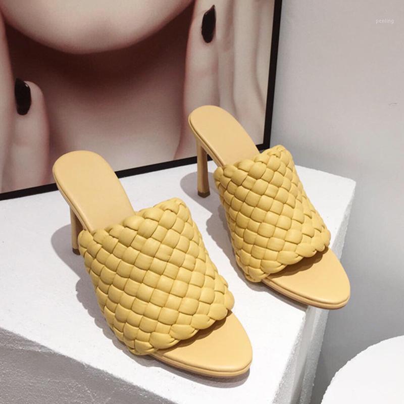 

Luxury Women Designer Yellow Blue Weave Slippers Mules Stripper 11.5cm High Heels Slippers Open Toe Slides Party Shoes Big Size1, Black