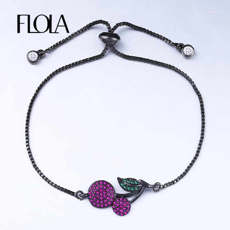 

FLOLA Cute Girl CZ Black Chain Link Bracelet Paved Cherry Charm Pandant Bracelet Jewelry Creative Gift New Year For Femme brta341