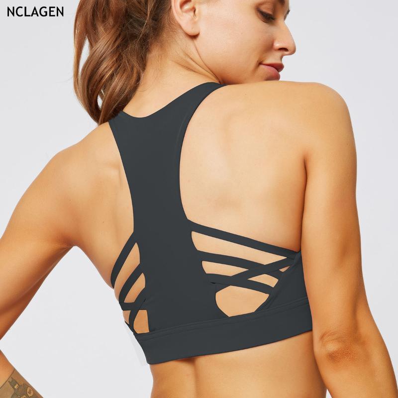 

NCLAGEN Women Yoga Bra Stretchy Workout Hollow Out Woman Stretchy Sexy Breathable Push-up Running Shockproof Bodybuilding Bra, Nsw012deepgrey