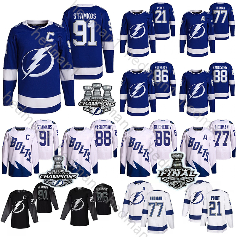 

Tampa Bay Lightning Jersey 2021 Stanley Cup Champions 86 Nikita Kucherov 77 Victor Hedman 21 Brayden Point 91 Steven Stamkos hockey jerseys, 2022 stadium series 77