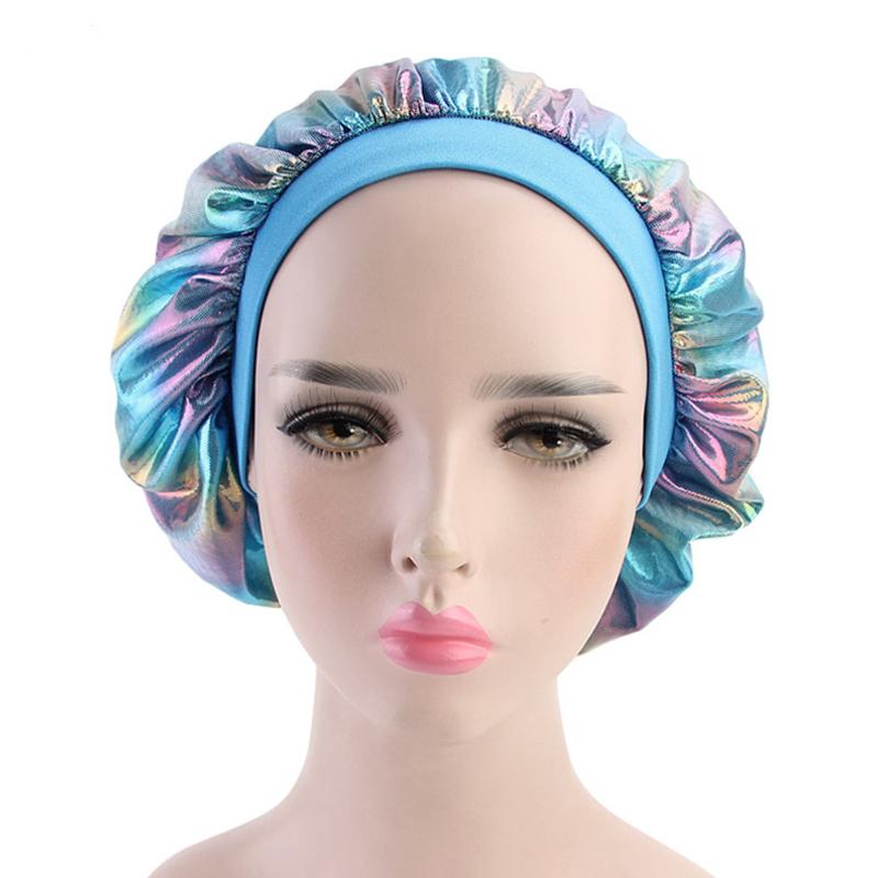 

Sleeping Hat Bonnet Head Cover Shower Hair Care Elastic Women Night Cap Salon Fashion Chemotherapy Turban Ladies Wide Band Soft, Blue