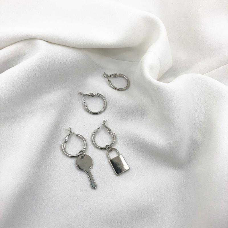 

Hip Hop Rock Contracted Metal Key Lock Earrings Asymmetric Geometry Round Earrings Women Jewelry Gifts