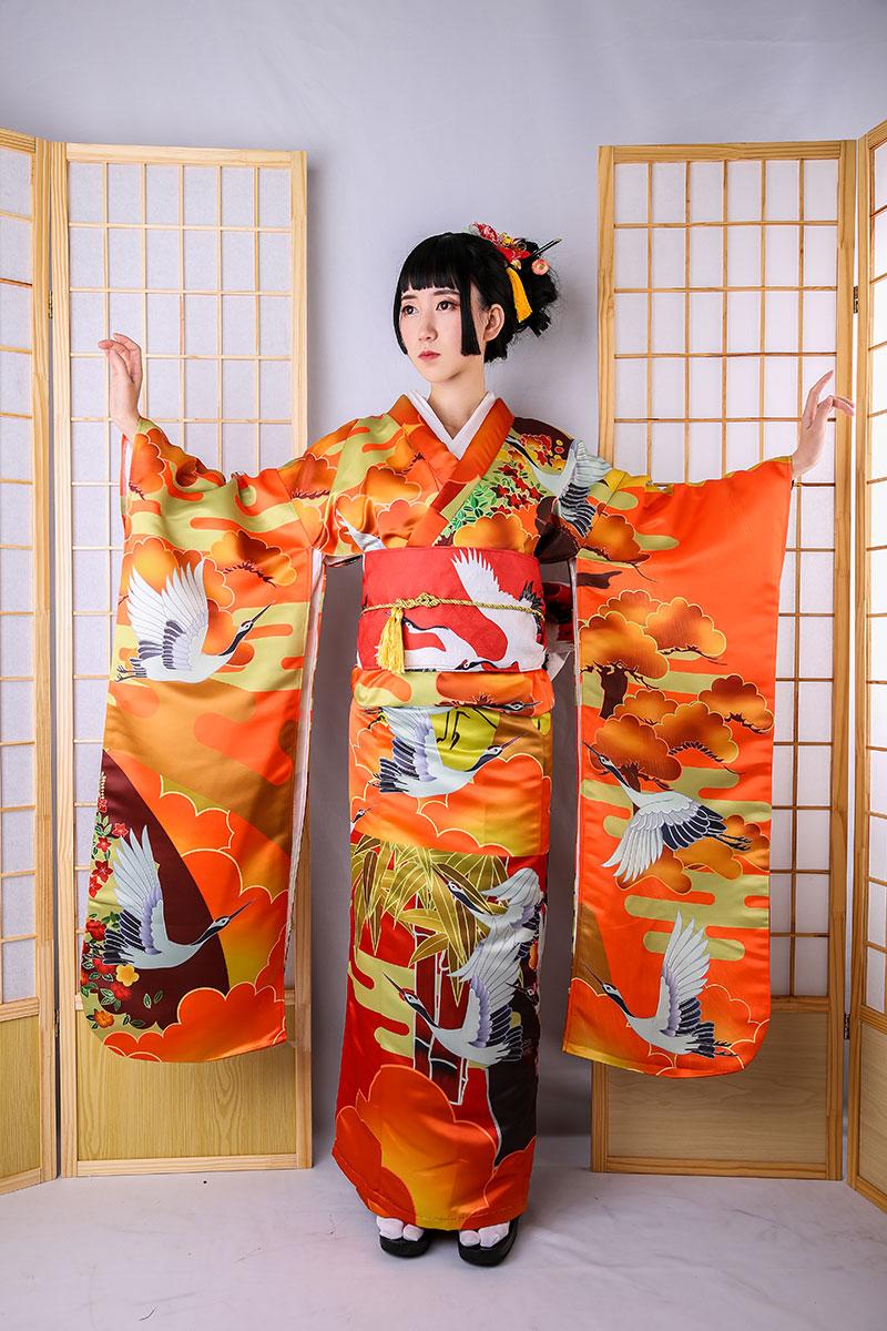 

Autumn Winter Women Kimono Yukata Gown With Obi Print Anime Noble Geisha Cosplay Costumes Japanese Lady Bat Sleeve Dancing Dress