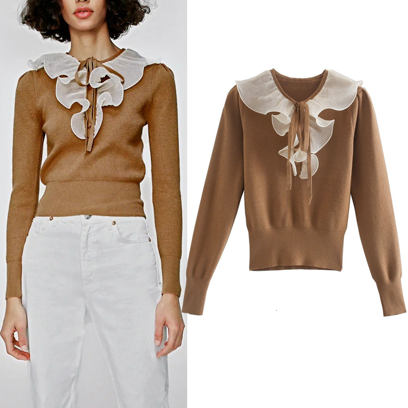 

2021 New Contrast Ruffle Brown Cropped Women Winter Button o Neck Long Sleeve Designer Sweater Woman Pullover Tops K1x6