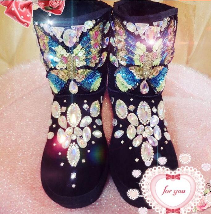 

2020 Crystal Flower Three-dimensional Bow Leather Tube Snow Station Sequins Sequin Boots 6sr1, Black
