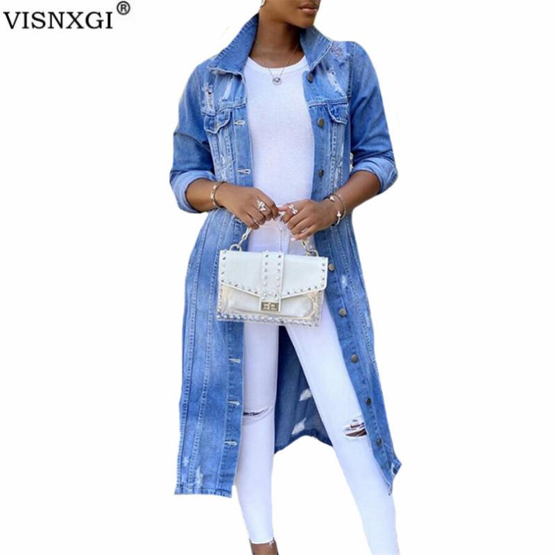 

VISNXGI Outerwear The Denim Coat Women Jacket Turn-Down Collar Blue Spring Autumn Plus Size Female Warm Button With Hole Clothes