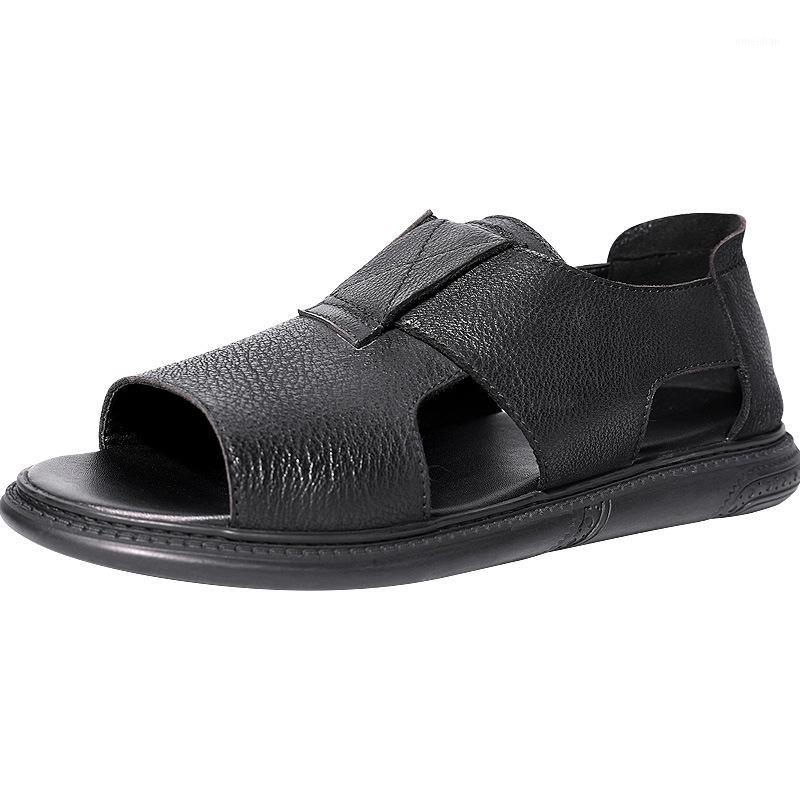 

Summer High Quality Genuine Leather Mens beach Sandals British Breathable Outer Wear Rome Sandals male Business Casual shoes1, Black