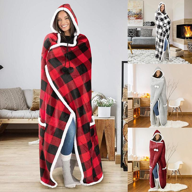 

Pom-Pom Hooded Throw Blanket Thicken and Lengthen Warm Printed Casual Home Blanket CLH@8
