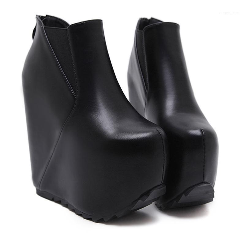

16cm Heel Platform Boots Autumn Women Ankle Boots Black/White Height Increasing High Heels Punk Style Wedges Platform1