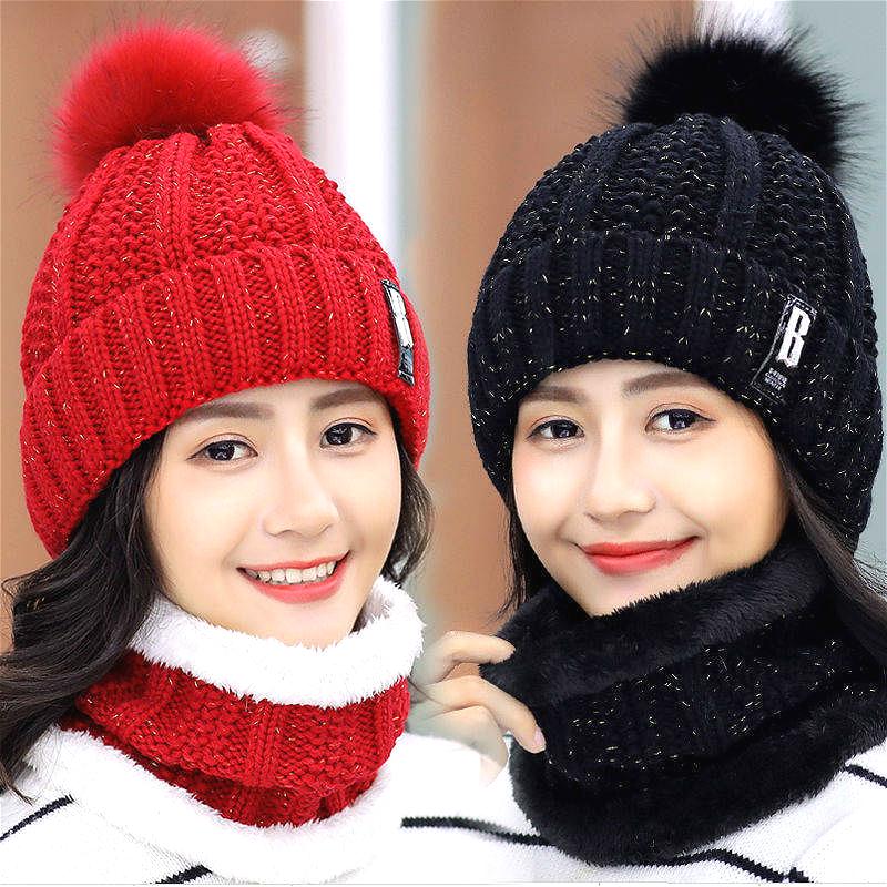 

Fashion Winter Knitted Beanies Hats Women Thick Warm Beanie Skullies Female Knit Letter Bonnet Beanie Caps Outdoor Riding Sets, Black