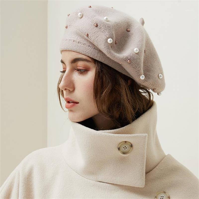

Elegant Women Wool Knitted French Pearl Beret Hats Ski Caps Warm Winter Girl Sweet Painter Hat Beanie Bonnet Femme Gorras1, White