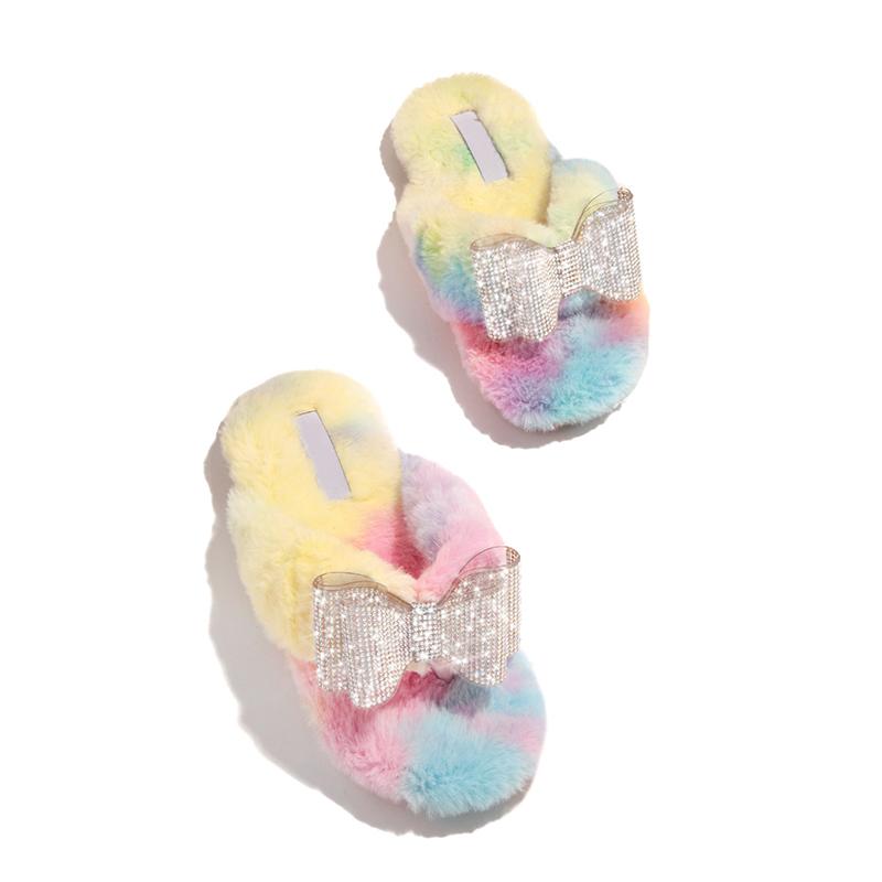 

Women's Slippers Winter Furry Comfort Ladies Open Toe Flats Shoes Fashion Female Butterfly-knot Woman Warm Plush Bling 2021, Beige