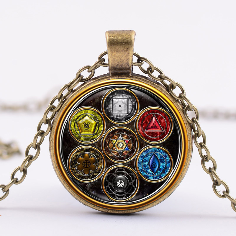 

Vintage 7 Chakra Art Symbol Necklace Yoga Reiki Healing Balance Creative Pattern Glass Dome Buddhism Jewelry Accessories