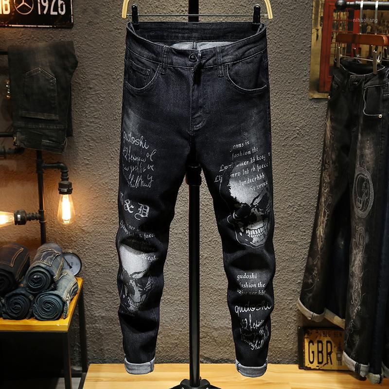 

Autumn Denim Jeans Men Letter Print Pattern Casual Black Straight Bleached Cowboy Wild Fashion Male1