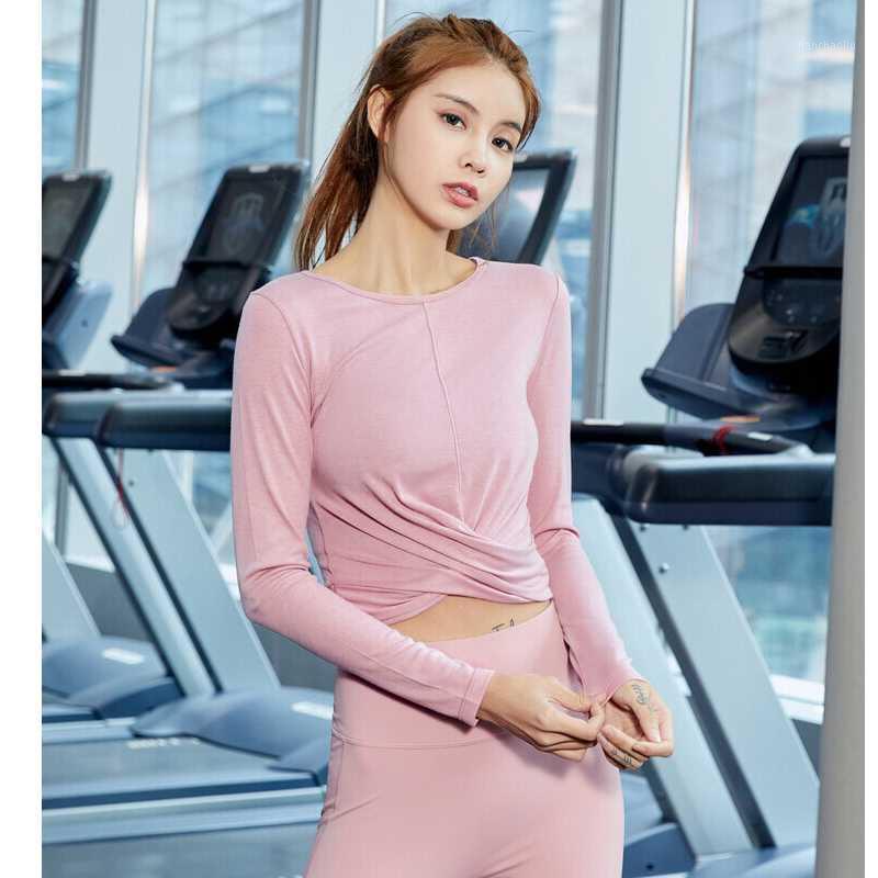 

Women' solid color cross hem Yoga Top Long Sleeve tight waist slim fitness clothes sexy navel exposed running sports T-shirt1, Black