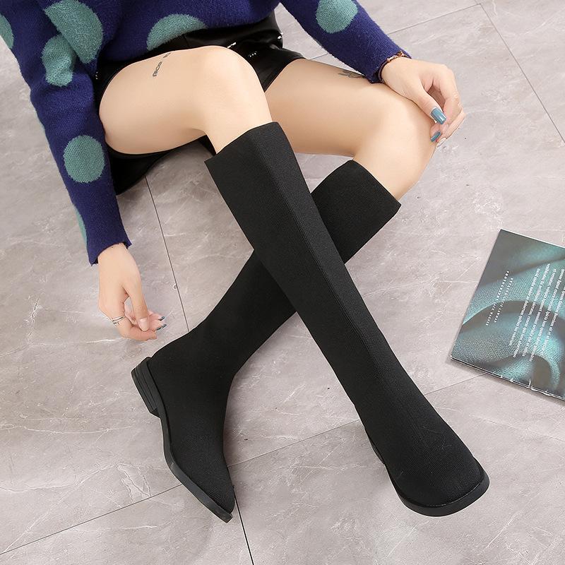 

Stretch Fabric Concise Slip-On Women Knee High Boots Round Toe Low Flat With Autumn Winter Boots Solid Party Ladies Shoes, Black