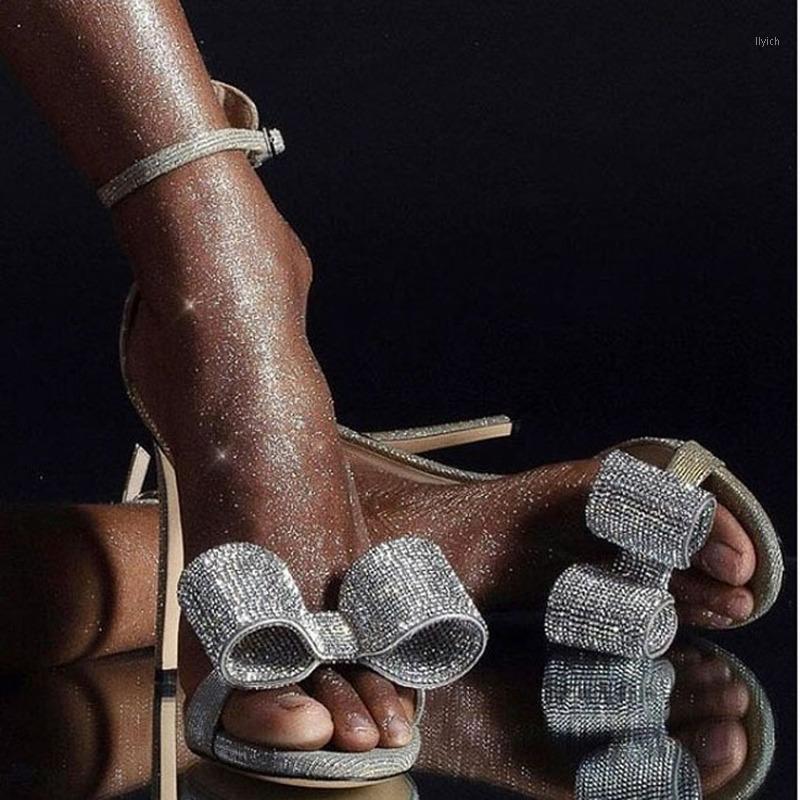 

Luxury Rhinestone High Heel Sandals Women Bowtie Elegant One Strap Party Sandals Women Thin Heel Ladies Shoes SWC03721, Silver