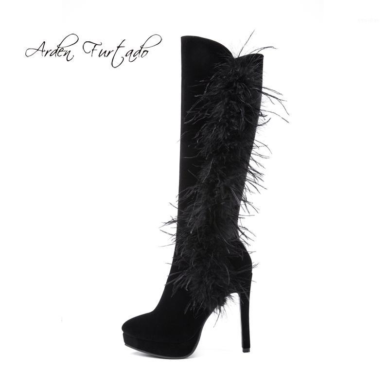

Arden Furtado 2020 autumn winter stilettos feather black suede knee high boots round toe sexy high heels boots big size 40-431