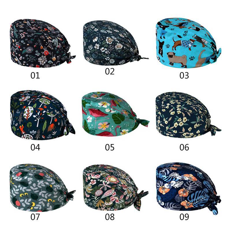 

9 Colors Unisex Adjustable Working Scrub Cap with Protect Ears Floral Print Bouffant Hat Head Scarf, H03