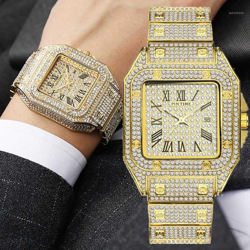 

Square Diamond Men Watch Gold Iced Out Watch Big Dial Quartz Business Wrist Hip Hop Male Clock Relogio Masculino1