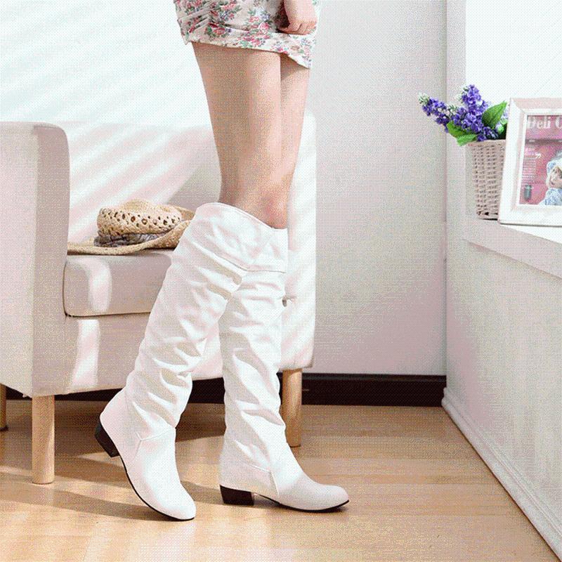 

Fashion Women Boots Spring Boots Botas Female Stretch PU Leather Shoes Woman Black White Roma Knee-Length1
