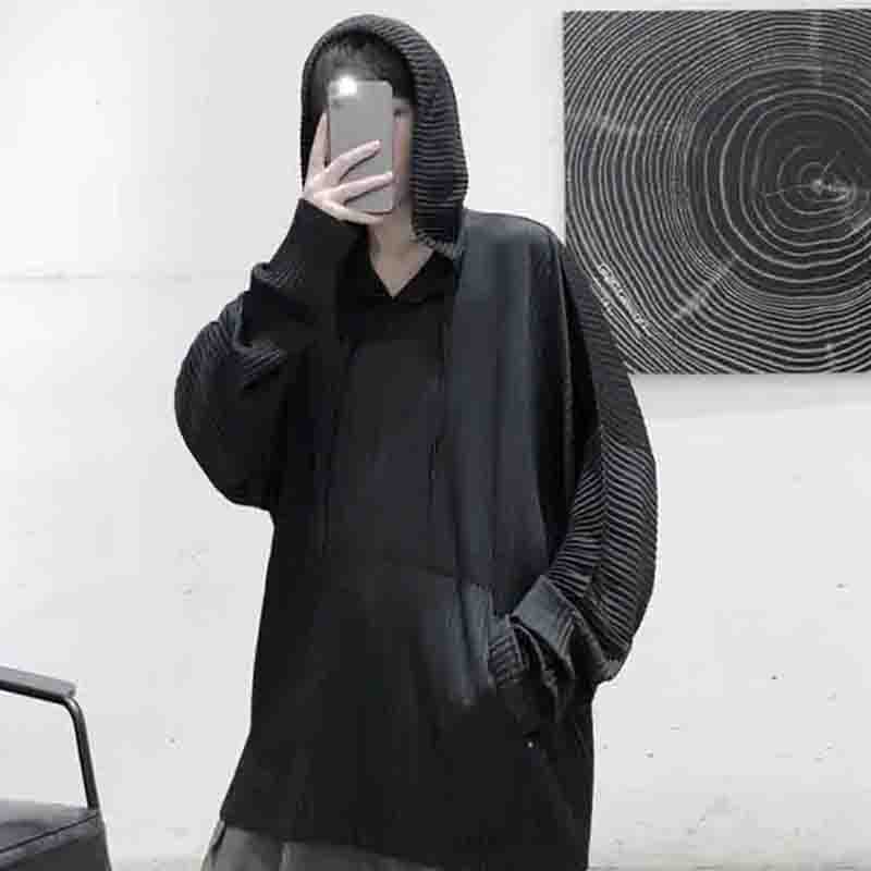 

dark pleated loose hooded sweater ins fashionable men' autumn clothes net Red Hip Hop night club men' wear trend, Black
